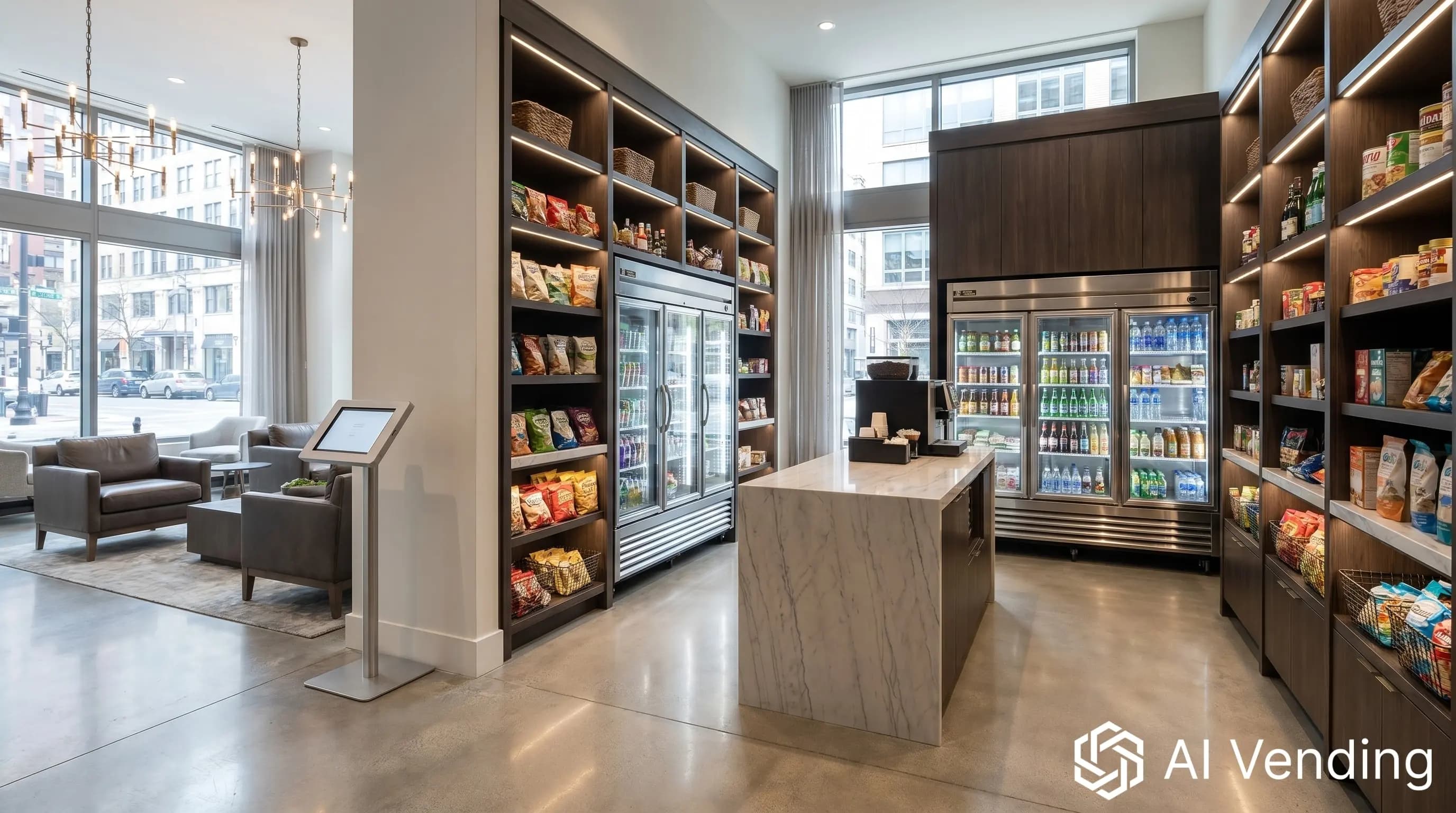 Luxury micro market installation with smart retail shelving and stocked coolers