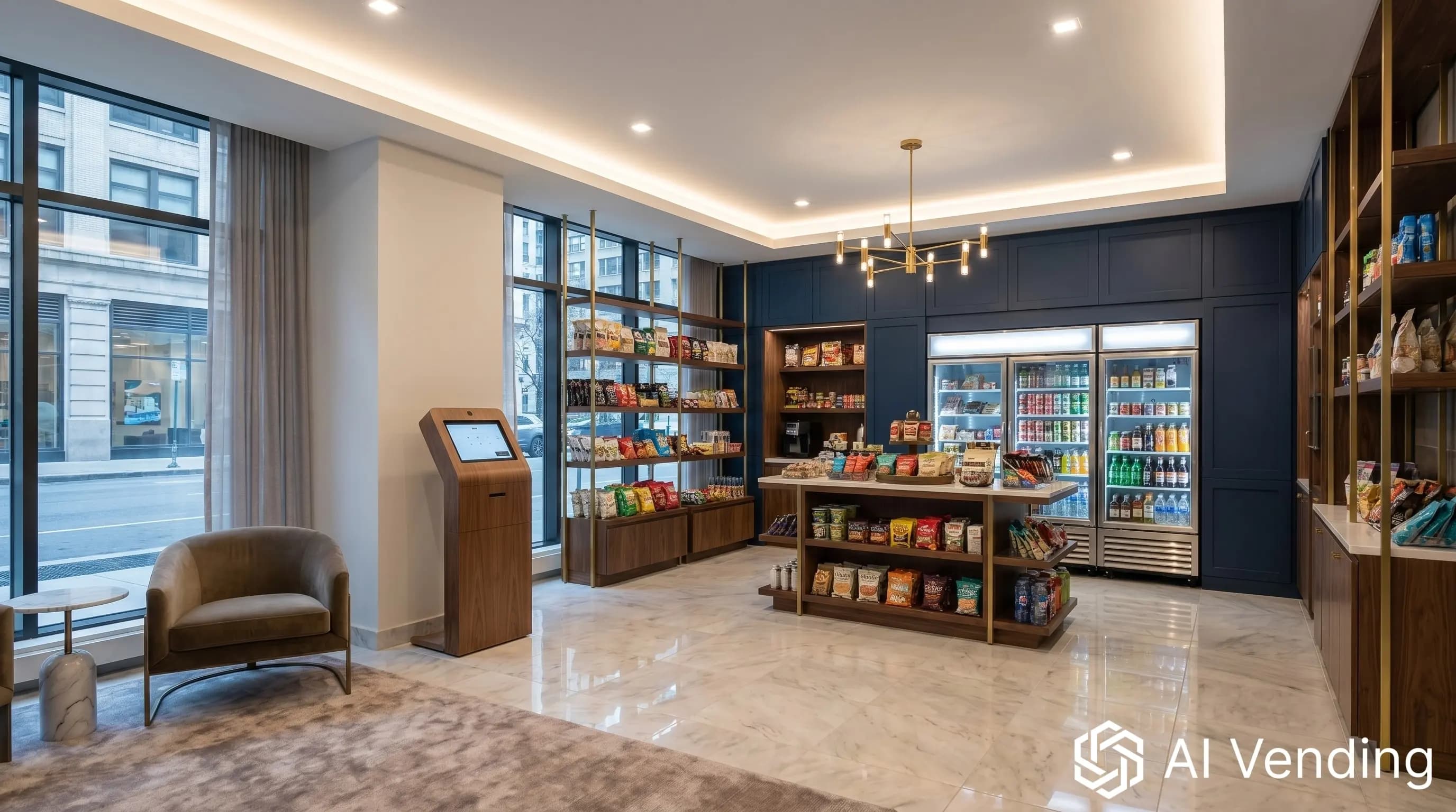 High-end micro market with food, drinks, and essentials in a polished property setting