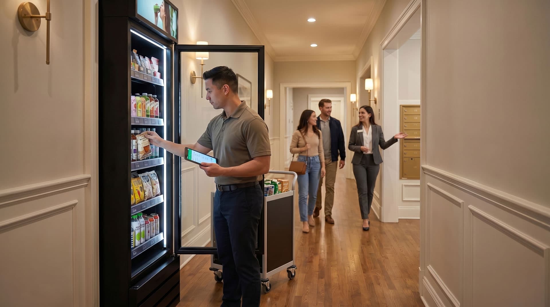 AI Vending operator restocking a smart store in an apartment corridor