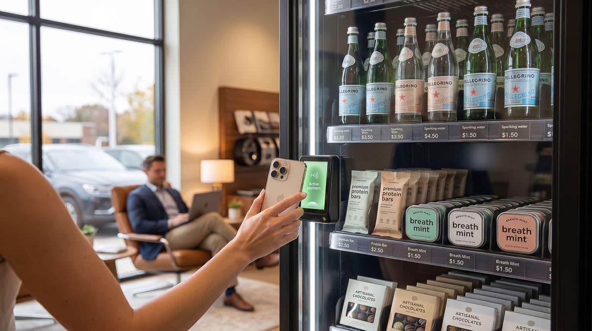 Customer using cashless smartphone payment at an AI Vending smart cabinet in a dealership lounge