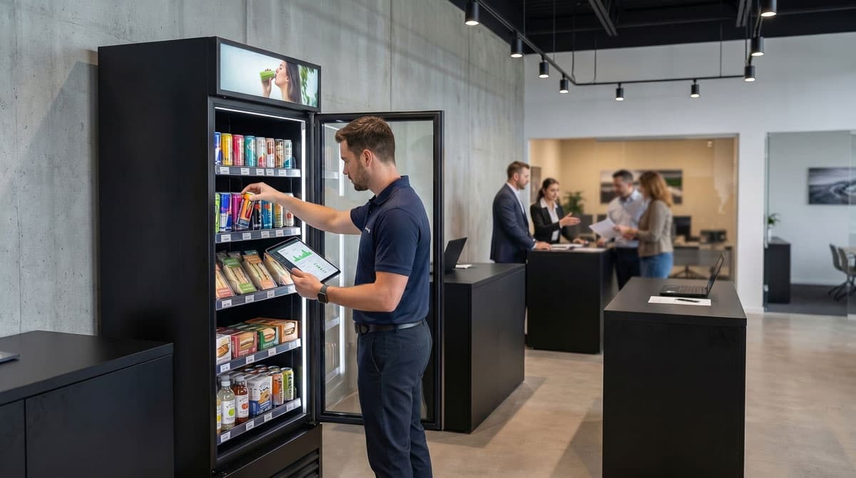 AI Vending operator restocking a multi-cabinet smart store in a car dealership service corridor