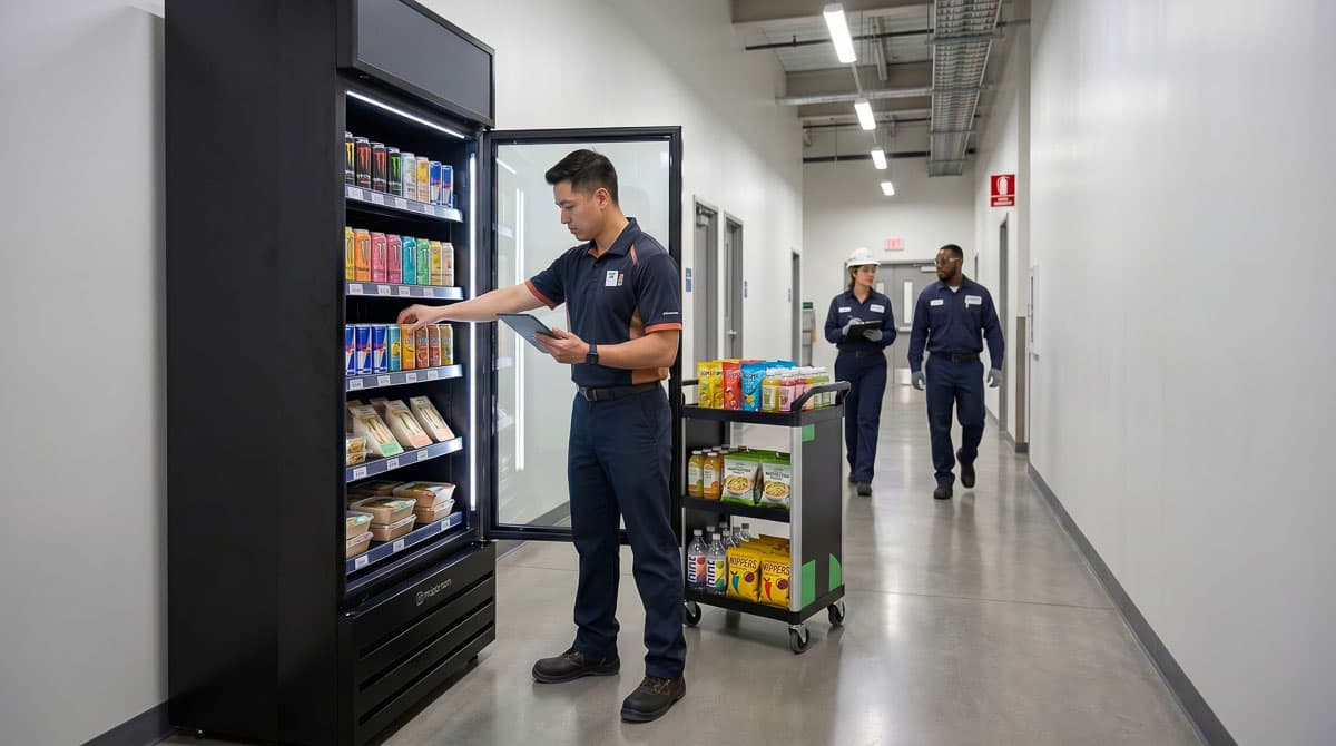 AI Vending operator restocking smart vending in a manufacturing facility corridor