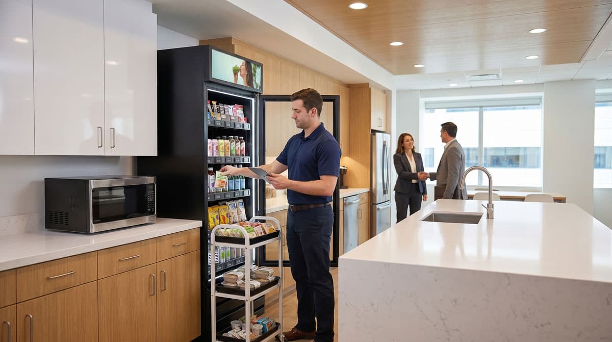 AI Vending operator restocking a managed smart store in a corporate office