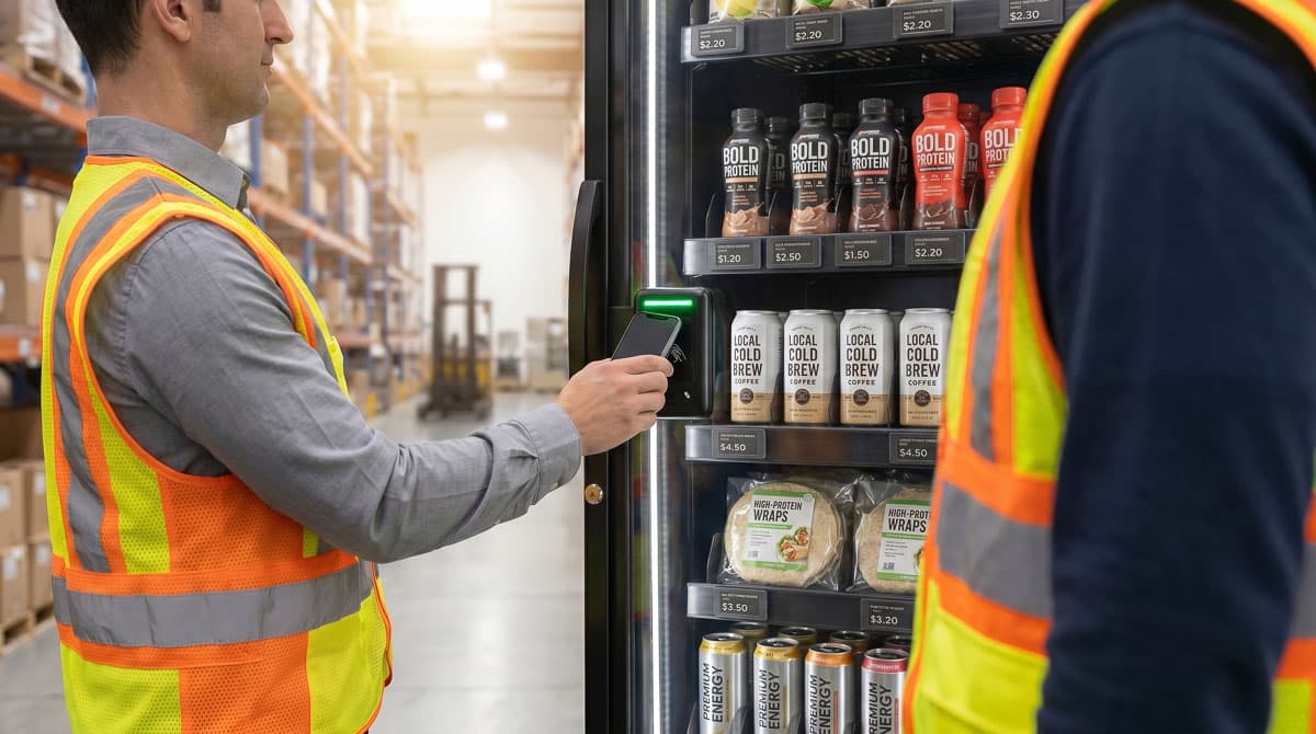 Warehouse employee using cashless smartphone payment at an AI Vending smart cabinet