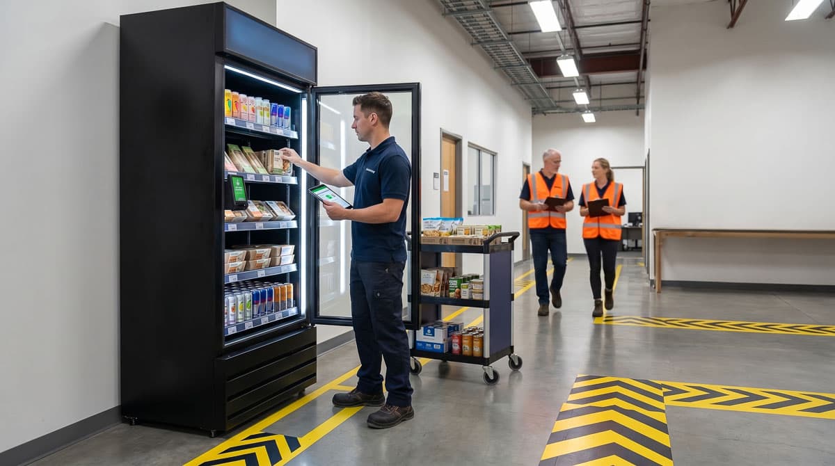 AI Vending operator restocking smart vending in a warehouse shift-change corridor